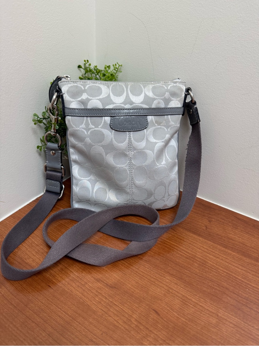 Coach Women's Swingpack Canvas Gray Crossbody Silver EUC